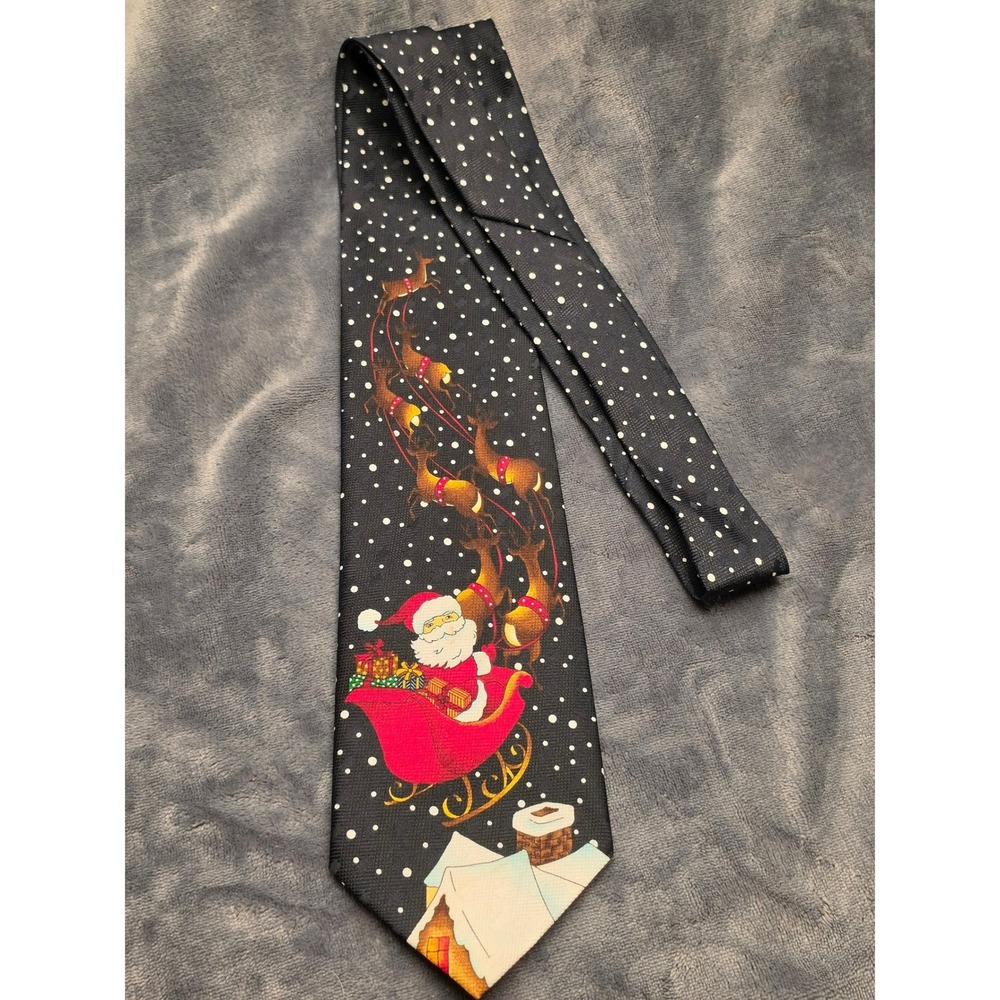 Rene Chagal Mens Christmas Tie Santa Reindeer Polka Dot Black Novelty Handmade